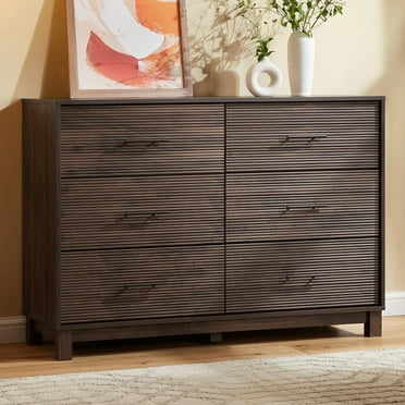 CHITOOMA Dressers for Bedroom with 6 Horizontal Striped Drawer, 47.2" Adult Wooden Dresser, Storage Cabine Chest of Drawers for Living Room Hallway, Walnut