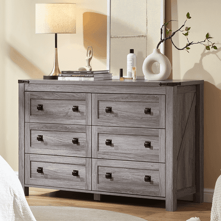 CHITOOMA Wooden Dressers for Bedroom 6 Drawer Adult, 47.2" Storage Cabine with Double Handle, Chest of Drawers for Living Room Hallway, Gray