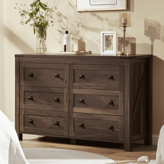 CHITOOMA Wooden Dressers for Bedroom 6 Drawer Adult, 47.2" Storage Cabine with Double Handle, Chest of Drawers for Living Room Hallway, Walnut