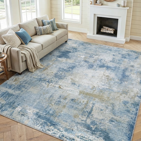 CHITOOMA 6'x9' Area Rugs for Living Room, Machine Washable Abstract Distressed Rugs Indoor Neutral Carpet Rugs for Bedroom Dining Room Office with Non-Slip Backing, Stain Resistant, Blue