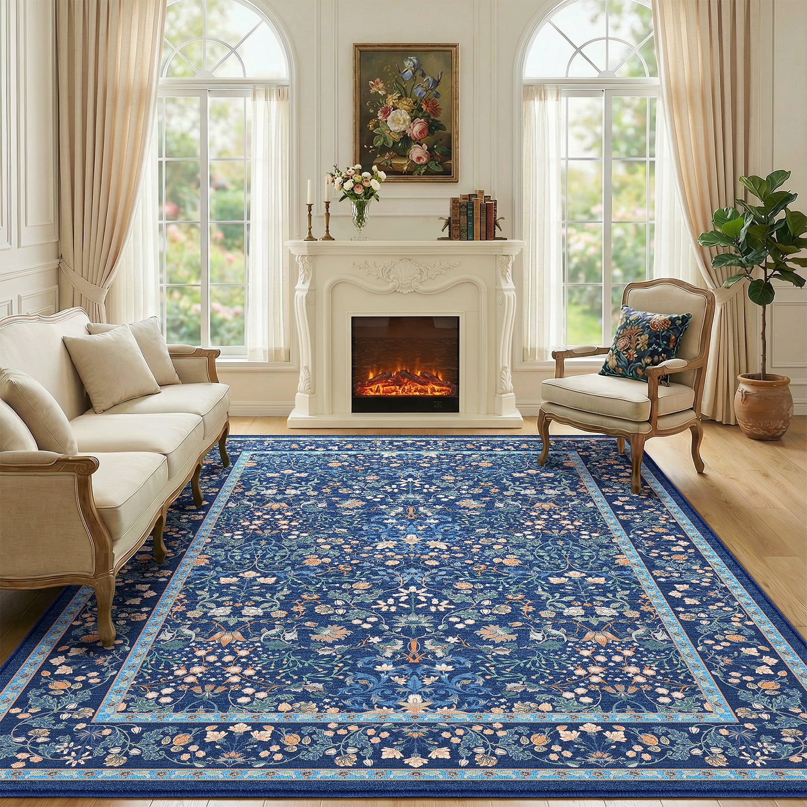 CHITOOMA 6'x9' Area Rugs for Living Room, Floral Washable Rug Boho Non-Slip Printed Carpet, Vintage Stain Resistant Indoor Rug for Bedroom Dining Room Home Office