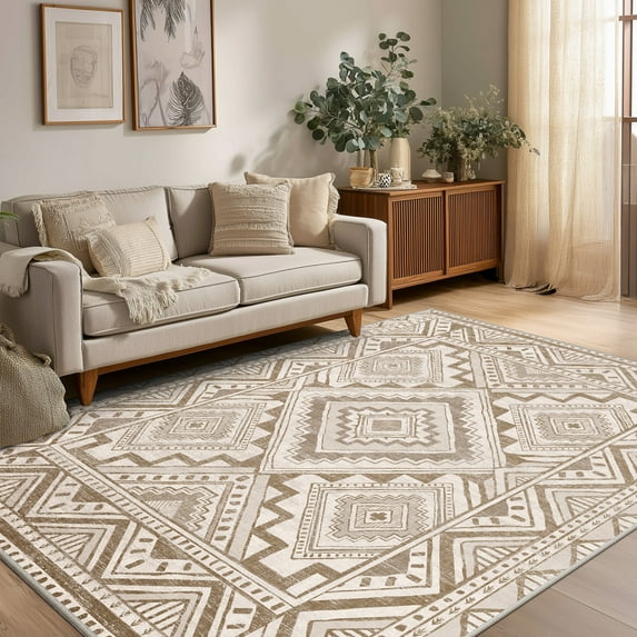 CHITOOMA 6'x9' Area Rugs for Living Room, Washable Boho Moroccan Rug Soft Vintage Distressed Geometric Tribal Area Rug for Bedroom Dining Room Office with Non-Slip Backing, Stain Resistant Non-Shed