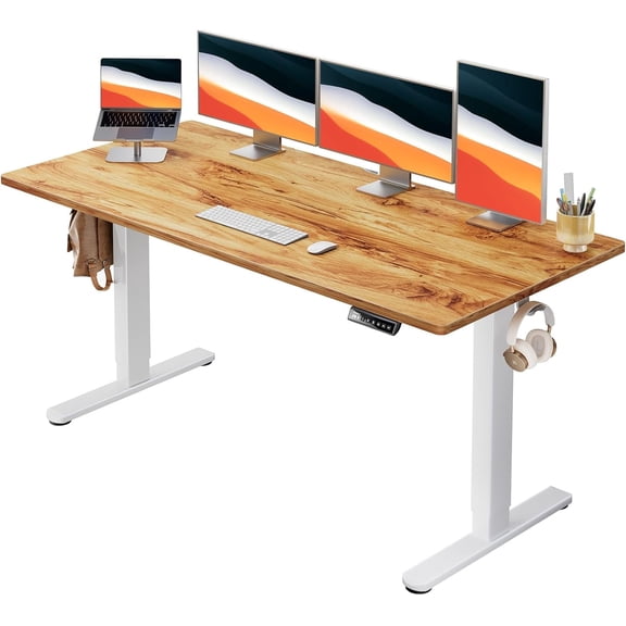 Kyspho 60" x 24" One Piece Electric Standing Desk, Height Adjustable Computer Desk with 4 Height Memory Settings, Sit Stand up Desk for Home Office, Light Brown