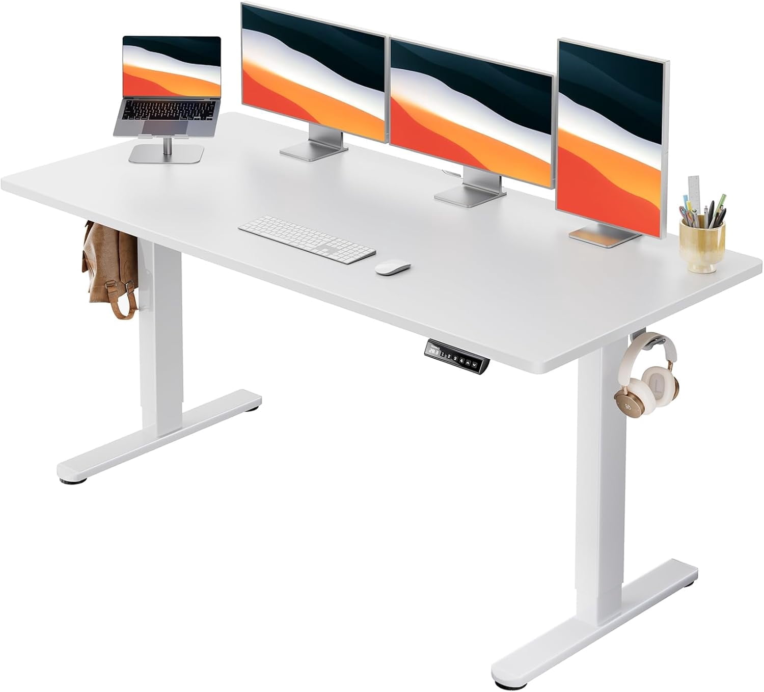 Kyspho 60" x 24" One Piece Electric Standing Desk, Height Adjustable Computer Desk with 4 Height Memory Settings, Sit Stand up Desk for Home Office, White