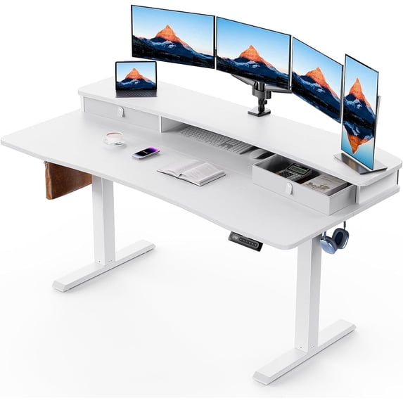 Kyspho 60″ x 30″ Electric Standing Desk with 2 Drawers, C-Clamp Mount Compatible, Height Adjustable Computer Desk, Home Office Stand Up Desk with 4 Preset Heights & 2 Hooks, White