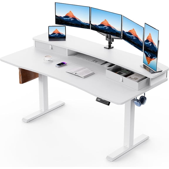 CHITOOMA 60″ x 30″ Electric Standing Desk with 2 Drawers, C-Clamp Mount Compatible, Height Adjustable Computer Desk, Home Office Stand Up Desk with 4 Preset Heights & 2 Hooks, White