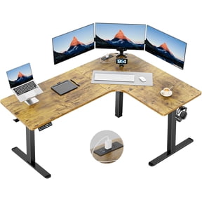 Kyspho 63″ Dual Motor L-Shaped Standing Desk, Built-in Power Outlets, Electric Height Adjustable, Large Power Strip Holder, Sit Stand Up Desk with 3 Preset Heights, Vintage Brown