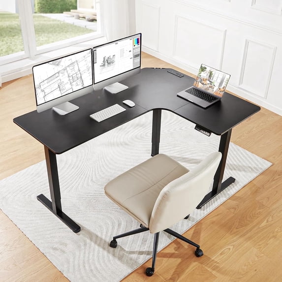 Kyspho 63″ L-Shaped Electric Standing Desk with Built-in Power Outlets & 3 Memory Presets, Large Corner Computer Desk with Cable Management, Black