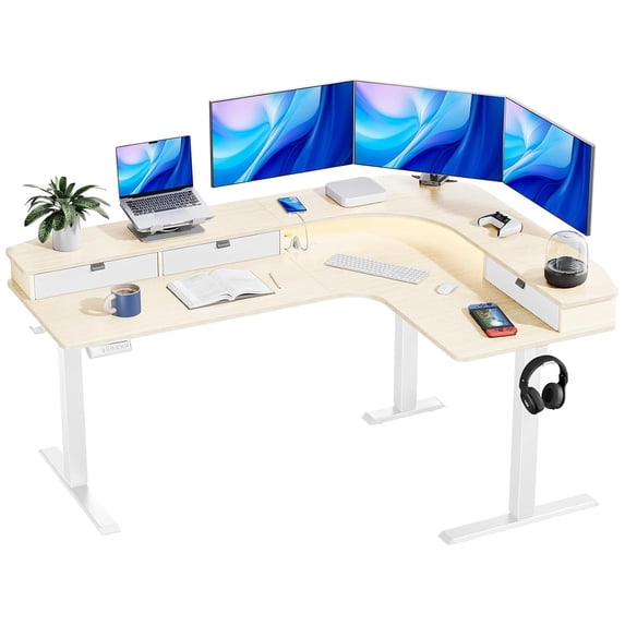 Kyspho 65″ Electric Standing Desk with LED Strip & Power Outlets, L-Shaped Corner Desk with 3 Drawers, Adjustable Height Computer Desk, Natural Wood