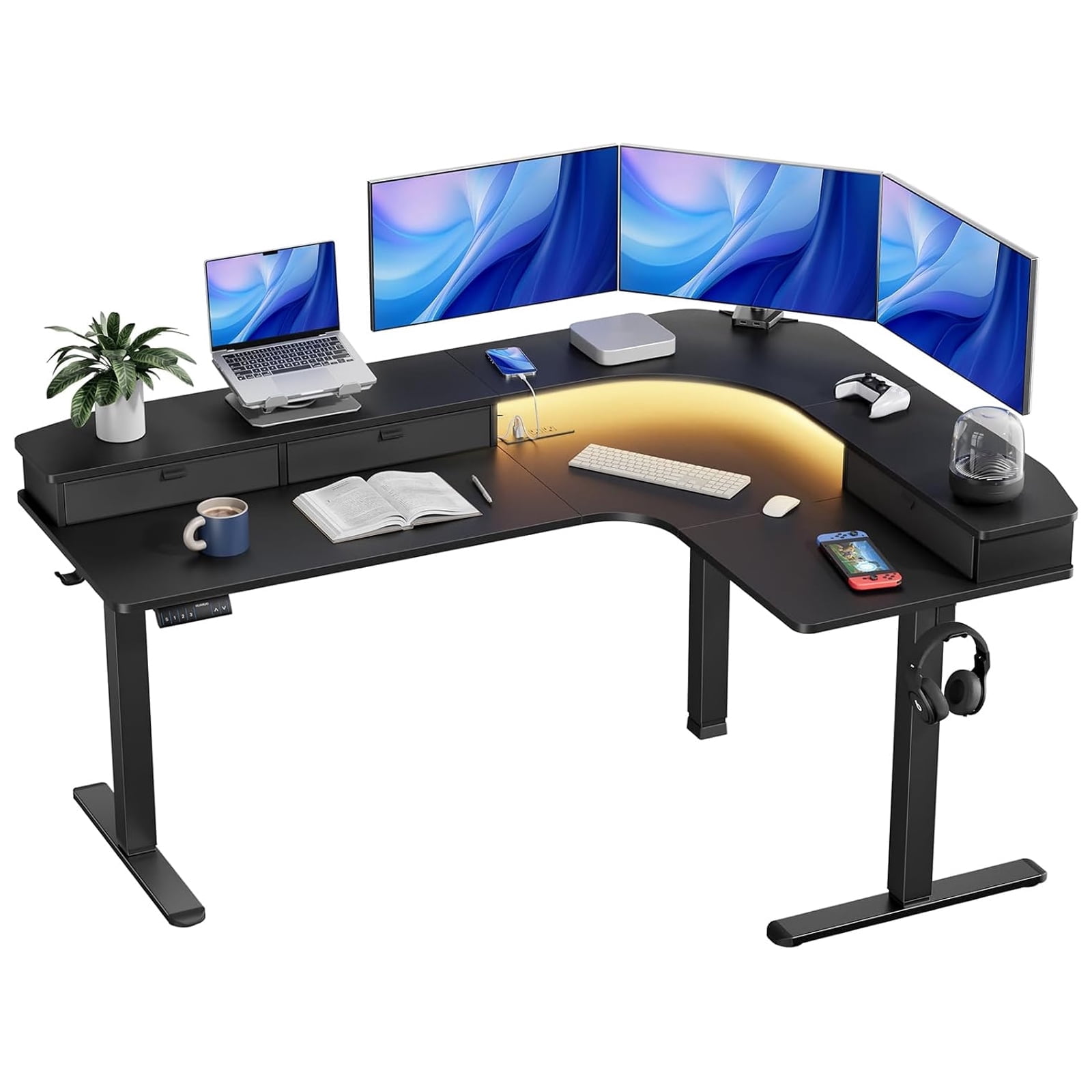 Kyspho 65″ Electric Standing Desk with LED Strip & Power Outlets, L-Shaped Corner Desk with 3 Drawers, Adjustable Height Computer Desk, Black