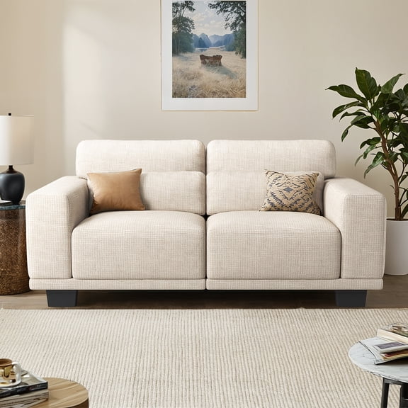 CHITOOMA 65" Loveseat Sofa for Living Room, Comfy Linen Couch with 2 Pillows, Deep Seats, Wide Armrests, Removable Covers & Sturdy Steel Frame, White