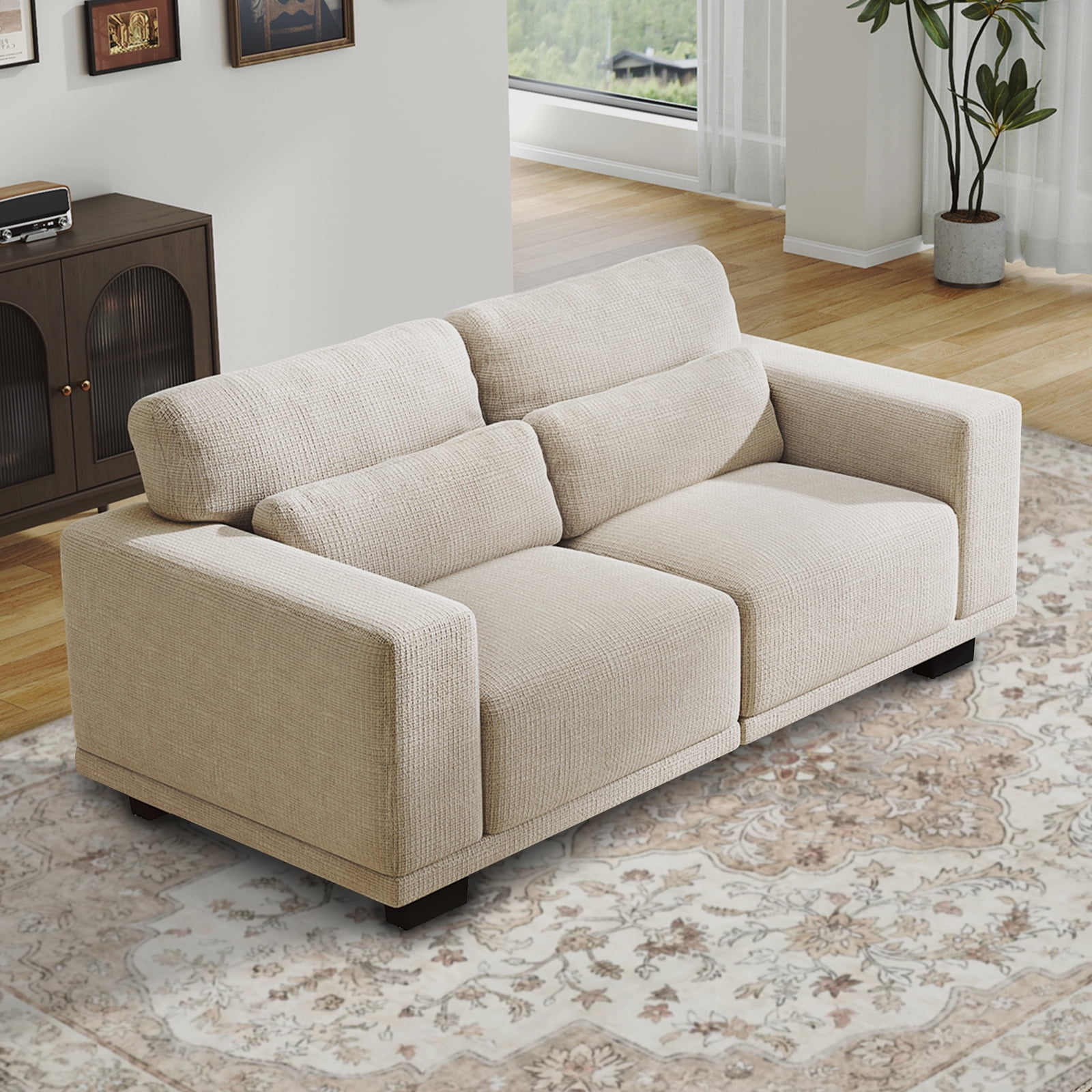 CHITOOMA 65" Loveseat Sofa for Small Spaces, Upholstered Couch with 2 Pillows and Removable Linen Cover, Deep Seat Sofa with Wide Armrests for Living Room, Bedroom, or Office, White