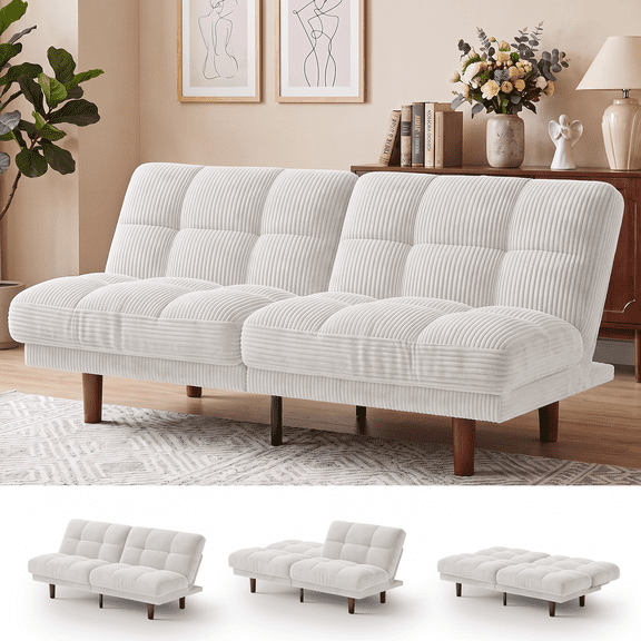 CHITOOMA 66" Futon Sofa Bed with Adjustable Backrest, Corduroy Convertible Futon Couch, Extra-Thick Cushion, Comfy Loveseat for Small Spaces, Apartment or Office, White