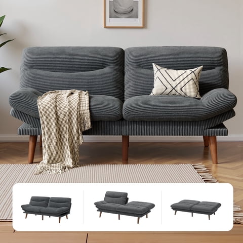 CHITOOMA 66" Futon Sofa Bed with Adjustable Backrest and 6-Level Armrests, Grey Corduroy Convertible Futon Couch, Comfy Loveseat for Small Spaces, Apartment or Office