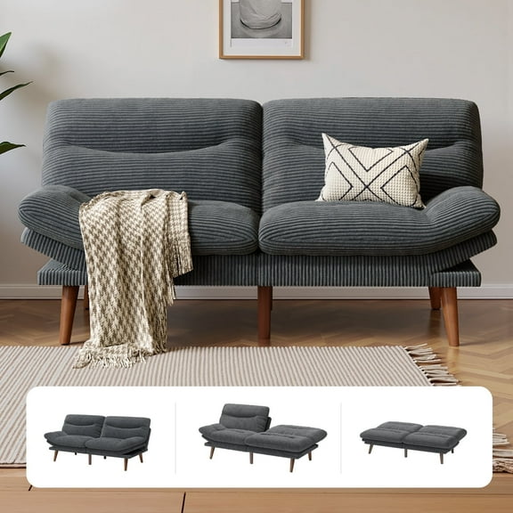 CHITOOMA 66" Futon Sofa Bed with Adjustable Backrest and 6-Level Armrests, Grey Corduroy Convertible Futon Couch, Comfy Loveseat for Small Spaces, Apartment or Office
