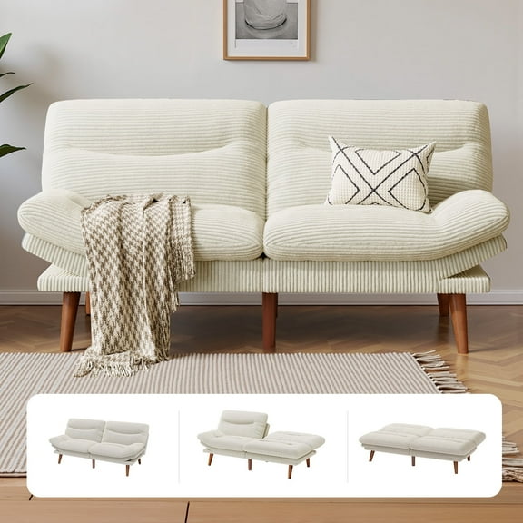 CHITOOMA 66" Futon Sofa Bed with Adjustable Backrest and 6-Level Armrests, White Corduroy Convertible Futon Couch, Comfy Loveseat for Small Spaces, Apartment or Office