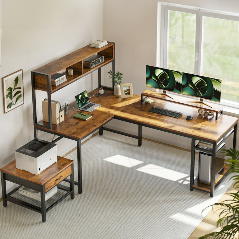 L shaped desk store with printer shelf