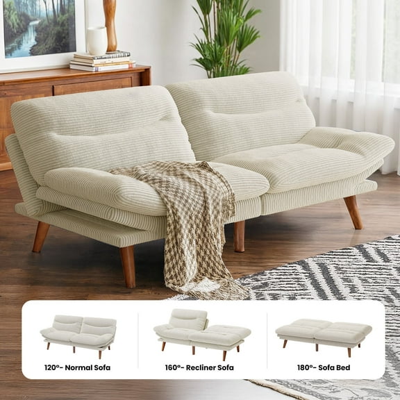 CHITOOMA 75" Corduroy Futon Sofa Bed, White Convertible Couch with Adjustable Backrest and 6-Level Armrests, Comfy Sleeper Sofa for Living Room, Apartment, or Office