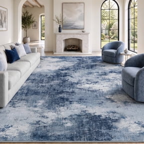 CHITOOMA 8'x10' Area Rugs for Living Room, Machine Washable Abstract Distressed Rugs Indoor Neutral Carpet Rugs for Bedroom Dining Room Office with Non-Slip Backing, Stain Resistant, Dark Blue