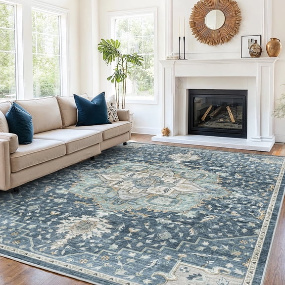 CHITOOMA 8'x10' Area Rugs for Living Room, Machine Washable Rugs Vintage Area Rug for Bedroom Dining Room Dorm Office with Non-Slip Backing, Stain Resistant Non-Shed Carpet, Blue