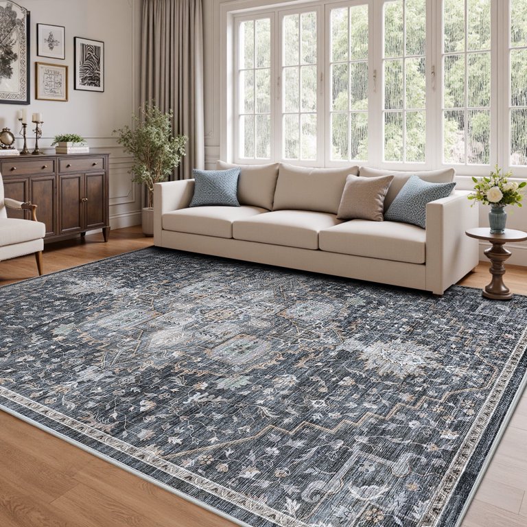 8x10 Grey Area Rug – Soft Faux Wool, Stain-Resistant & Machine Washable, Non-Slip Low Pile For Living Room
