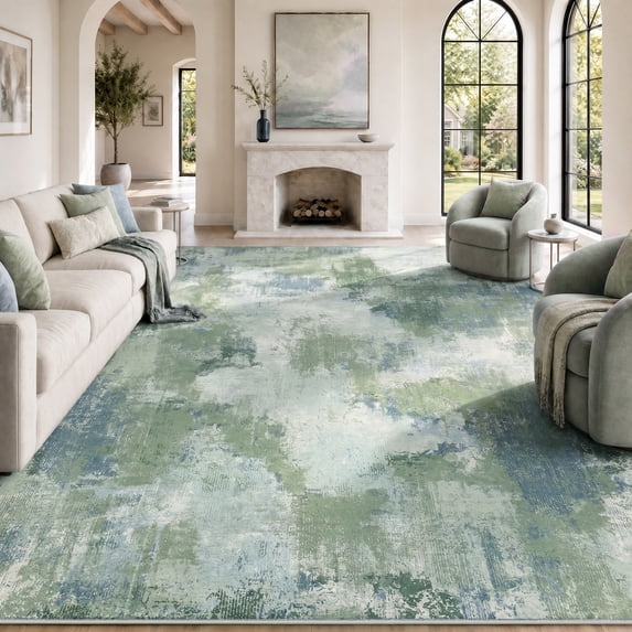 CHITOOMA 8'x10' Area Rugs for Living Room, Machine Washable Abstract Distressed Rugs Indoor Neutral Carpet Rugs for Bedroom Dining Room Office with Non-Slip Backing, Stain Resistant, Green