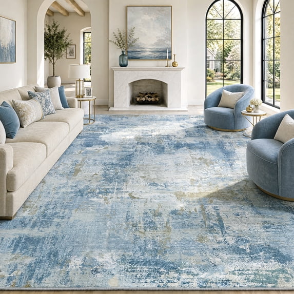 CHITOOMA 8'x10' Area Rugs for Living Room, Machine Washable Abstract Distressed Rugs Indoor Neutral Carpet Rugs for Bedroom Dining Room Office with Non-Slip Backing, Stain Resistant, Blue