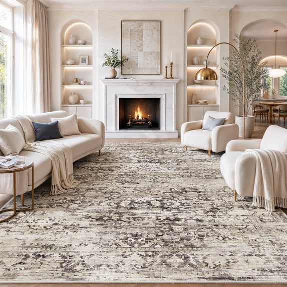 CHITOOMA 8'x10' Area Rugs, Washable Rugs for Living Room Non-Slip Low Pile Soft Distressed Abstract Rug, Indoor Vintage Neutral Carpet for Bedroom Dining Room Dorm Office, Brown
