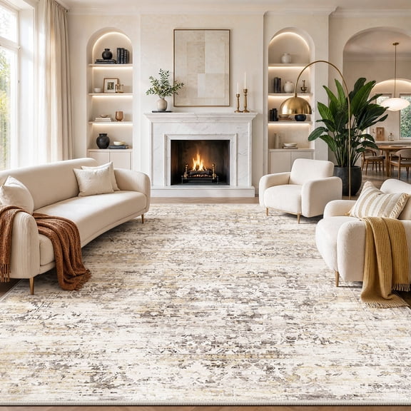 CHITOOMA 8'x10' Area Rugs, Washable Rugs for Living Room Non-Slip Low Pile Soft Distressed Abstract Rug, Indoor Vintage Neutral Carpet for Bedroom Dining Room Dorm Office, Beige