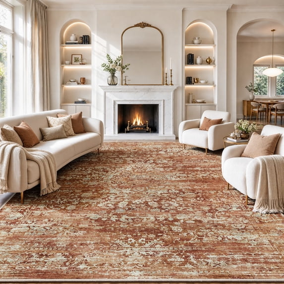 CHITOOMA 8'x10' Area Rugs, Washable Rugs for Living Room Non-Slip Low Pile Soft Distressed Abstract Rug, Indoor Vintage Neutral Carpet for Bedroom Dining Room Dorm Office, Red