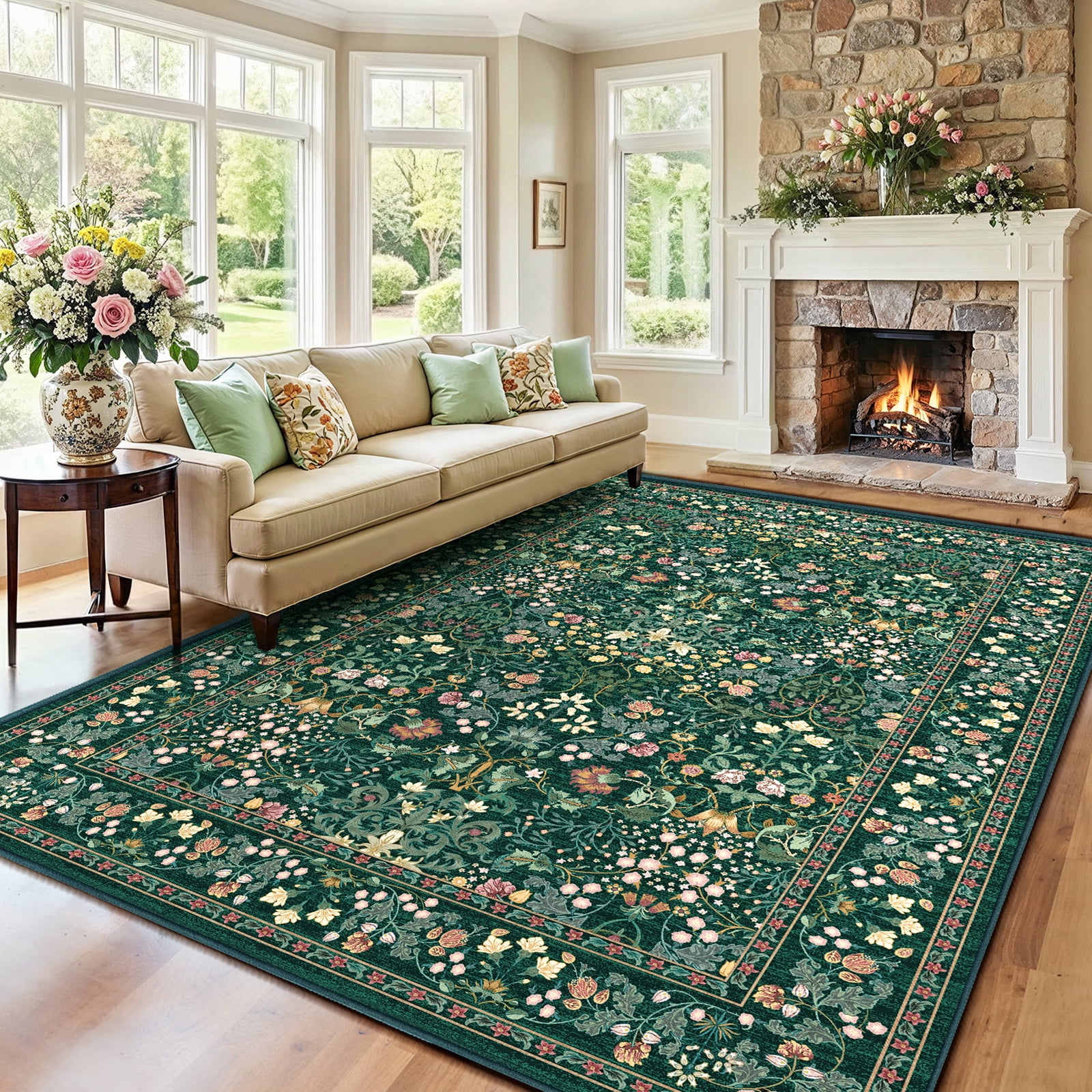 CHITOOMA 8'x10' Area Rugs for Living Room, Floral Washable Rug Boho Non-Slip Printed Carpet, Vintage Stain Resistant Indoor Rug for Bedroom Dining Room Home Office