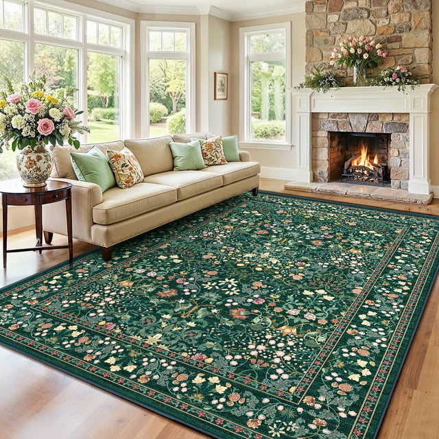 CHITOOMA 8'x10' Area Rugs for Living Room, Floral Washable Rug Boho Non-Slip Printed Carpet, Vintage Stain Resistant Indoor Rug for Bedroom Dining Room Home Office
