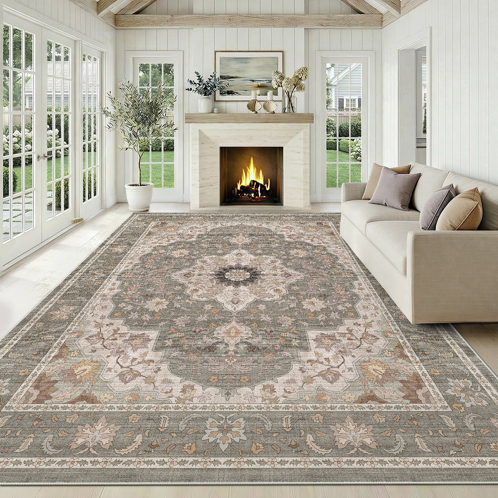 CHITOOMA 8'x10' Area Rugs for Living Room, Boho Machine Washable Floral Area Rug with Non-Slip Backing, Stain Resistant Non-Shed Carpet for Bedroom, Dining Room, Dorm, Office