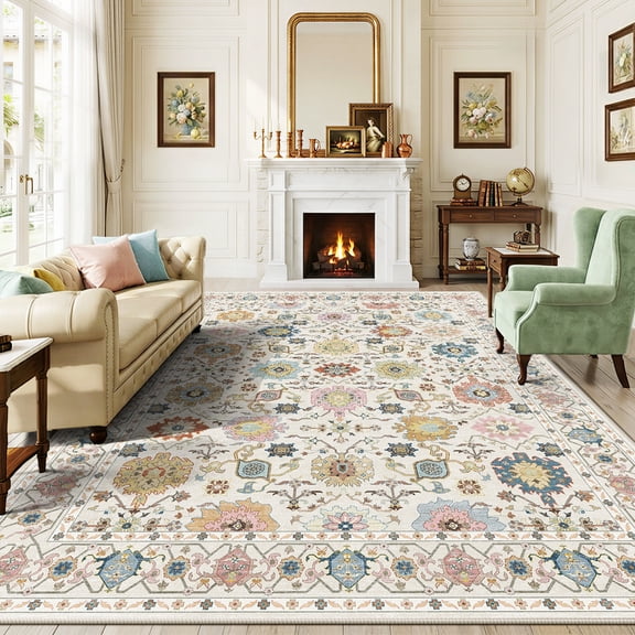 CHITOOMA 8'x10' Area Rugs for Living Room, Boho Machine Washable Floral Area Rug with Non-Slip Backing, Stain Resistant Non-Shed Carpet for Bedroom, Dining Room, Dorm, Office