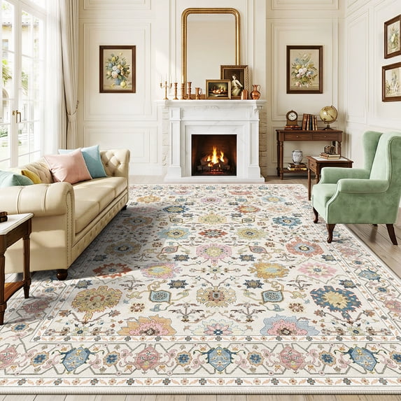 CHITOOMA 8'x10' Area Rugs for Living Room, Boho Machine Washable Floral Area Rug with Non-Slip Backing, Stain Resistant Non-Shed Carpet for Bedroom, Dining Room, Dorm, Office