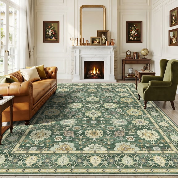 CHITOOMA 8'x10' Area Rugs for Living Room, Boho Machine Washable Floral Area Rug with Non-Slip Backing, Stain Resistant Non-Shed Carpet for Bedroom, Dining Room, Dorm, Office