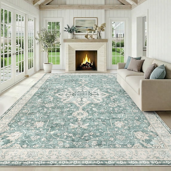 CHITOOMA 8'x10' Boho Area Rugs for Living Room, Machine Washable Floral Area Rug with Non-Slip Backing, Stain Resistant Non-Shed Carpet for Bedroom, Dining Room, Dorm, Office