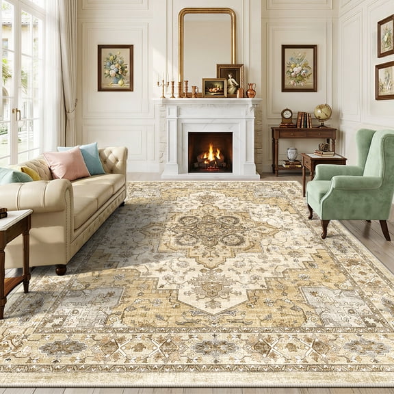 CHITOOMA 8'x10' Boho Area Rugs for Living Room, Machine Washable Stain Resistant Non-Shed Carpet, Area Rug with Non-Slip Backing for Bedroom, Dining Room, Dorm, Office