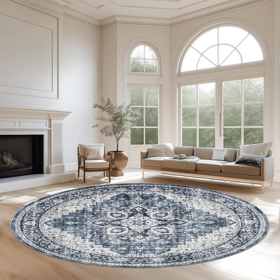 CHITOOMA Blue 8 ft x 8 ft round vintage area rug, machine washable, stain resistant, non-slip