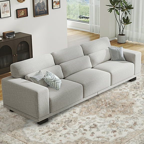 CHITOOMA 89" 3 Seater Sofa, Upholstered Couch with 3 Pillows and Removable Linen Cover, Deep Seat Sofa with Wide Armrests for Living Room, Bedroom, or Office, Gray