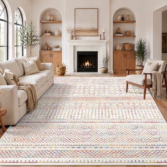 CHITOOMA 9'x12' Area Rugs for Living Room, Washable Rugs Print Pattern Boho Soft Geometric Bohemian Carpet Indoor Rug for Bedroom Dining Room Office Nonslip Foldable Rug