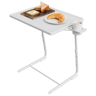 CHITOOMA TV Tray with Cup Holders, Portable C-Shaped Side Dinner Tray Table, Adjustable 6 Heights & 3 Tilt Angle for Living Room, Bedroom, White