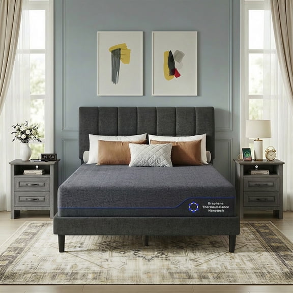CHITOOMA Bedroom Set with Adjustable Upholstered Headboard Full Bed Frame, Gray Nightstand with Charging Station, 12'' Full Memory Foam Mattress, Gel-Infused Triple-Layer Bed