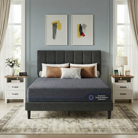 CHITOOMA Bedroom Set with Adjustable Upholstered Headboard Queen Bed Frame, Brown Nightstand with Charging Station, 14'' Queen Memory Foam Mattress, Gel-Infused Triple-Layer Bed
