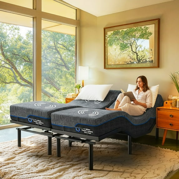 CHITOOMA Split King Adjustable Bed Frame + 14 Inch Gel Memory Foam Mattress, Electric Bed Frame with Massage & Wireless Remote, Graphene Fabric Cover, Pressure Relief, Mattress in a Box