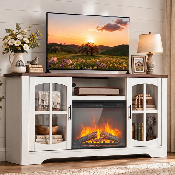 CHITOOMA Electric Fireplace TV Stand for 70" TVs with Glass Barn Doors, Farmhouse Entertainment Console with 23" Electric Fireplace, Holds up to 200 lbs, White