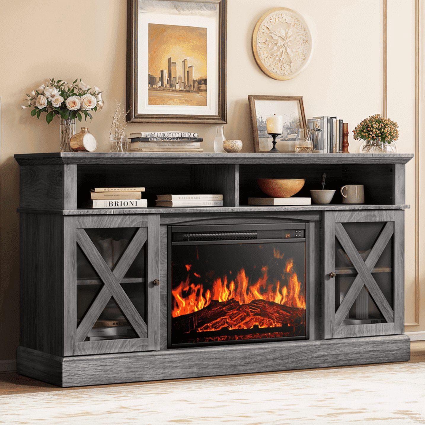 Electric Fireplace TV Stand for 75 inch TVs Farmhouse TV Console with 23″ Fireplace, Gray