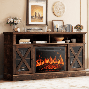 Electric Fireplace TV Stand for 70 inch TVs Farmhouse TV Console with 23″ Fireplace, Vintage Brown