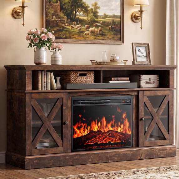 Electric Fireplace TV Stand for 75 inch TVs Farmhouse TV Console with 23″ Fireplace, Vintage Brown