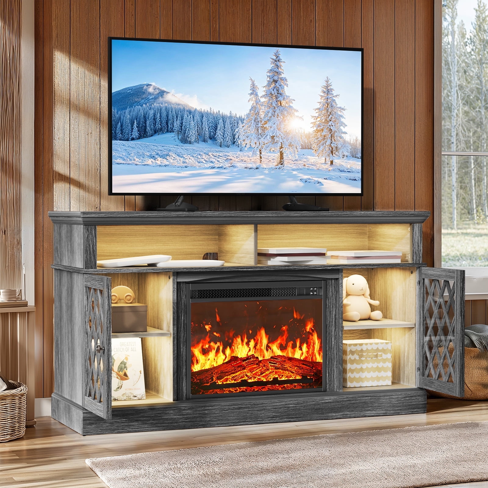 Farmhouse Fireplace TV Stand for 75 inch with LED Light